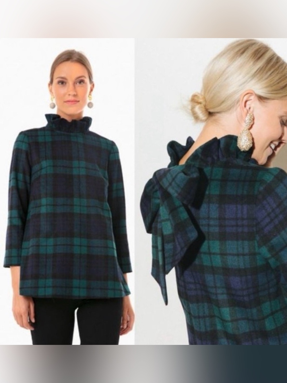 Tuckernuck Green and Navy Plaid Ruffle Bow Back Top